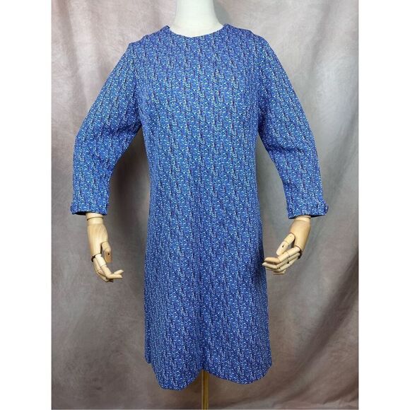 Vintage 1960s Patterned Polyester Dress Mod MCM Medium Large - Picture 1 of 8
